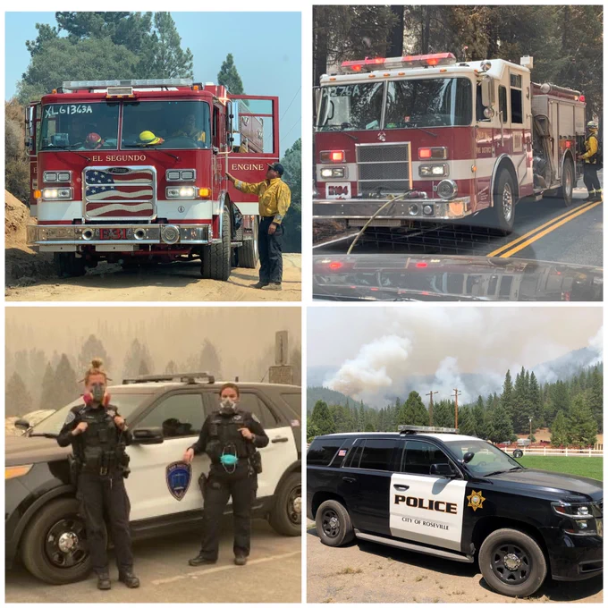Fire & Law enforcement mutual aid units providing structure protection & security at nor cal fires