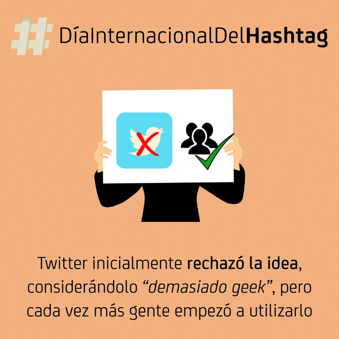 Cartel de un usuario donde se ve el logo de Twitter con una cruz roja encima, y al lado, un grupo de gente con un check verde, queriendo indicar que fueron los usuario de la red quienes adoptaron su uso sin que Twitter lo implementara