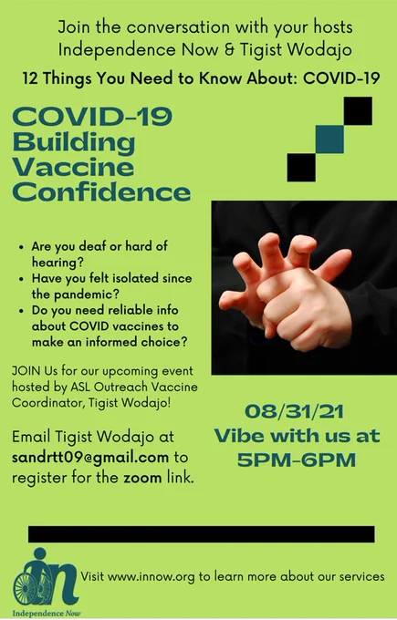 Graphic promoting the COVID-19 vaccine building confidence session with photo of person doing American sign language. 