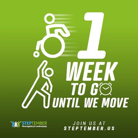 a green tile with white text, “1 week to go until we move” below, “join us at steptember.us.” Icons of active people are aligned left. A STEPtember brand logo is at the bottom left.