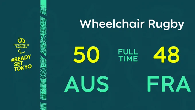 Text on image reads: wheelchair rugby. Australia 50, France 48