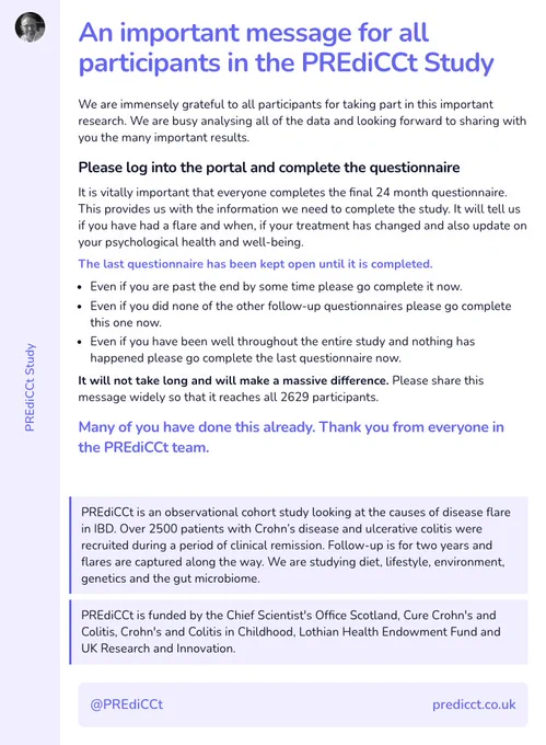 An important message for all participants in the PREdiCCt Study