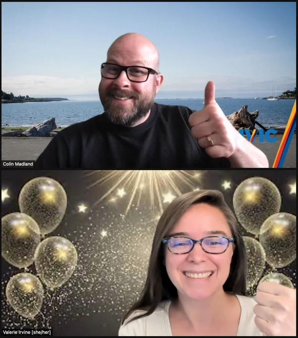 Photo of a Zoom video call with Colin Madland and his supervisor, Valerie Irvine. Both are giving their thumbs up. Valerie’s background has balloons and stars to celebrate.