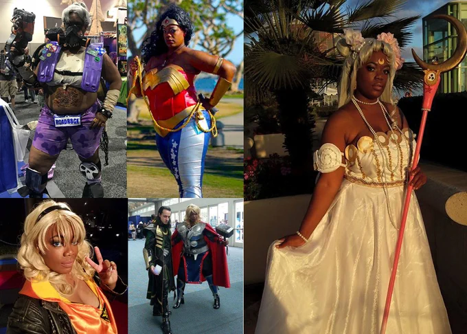 Various photos of OP (dark skinned, fat,  black femme) in cosplay. Left to right: Roadhog (Overwatch), Wonderwoman (DC), Spark  (Pokemon GO), Thor (Marvel), Princess Serenity (Sailormoon)