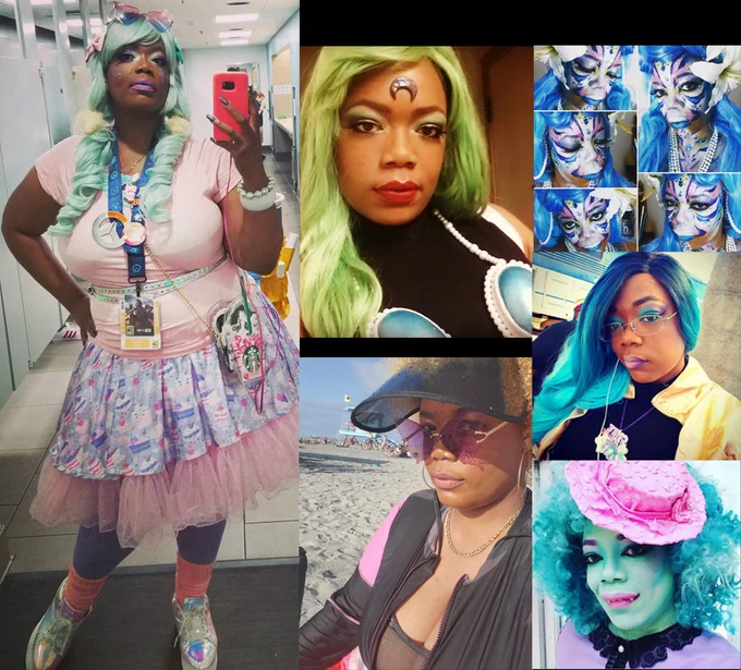 Various photos of OP (dark skinned, fat, black femme) in various wigs, makeup, fashion and cosplay. 
