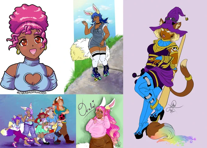 Various illustrations, all featuring multiple femmes with deep skin tones along with fantastical features like animal ears and tails.