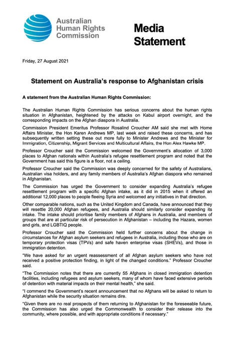 Text of media statement from the Australian Human Rights Commission on Australia's response to the Afghanistan crisis. The full statement can be accessed at the link in the tweet attached to this image.