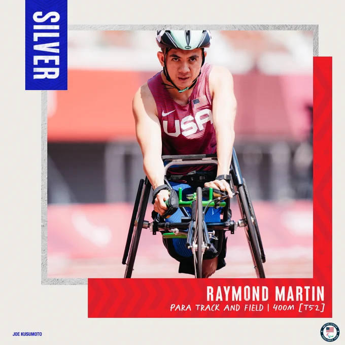 Silver medal graphic of Raymond Martin. Raymond is pictured competing at the Tokyo Paralympics. 