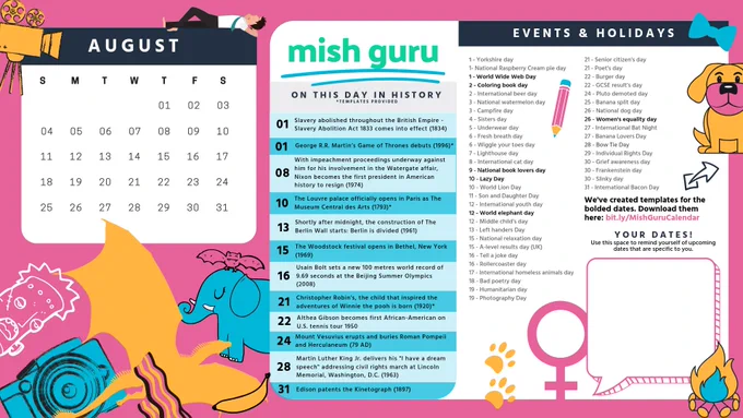 A calendar of the month of August
