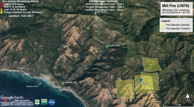 Map showing four squares of previous fire activity south of Limekiln State Park.