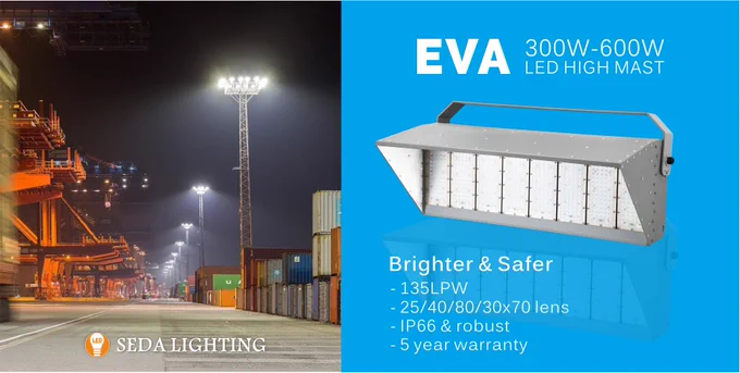 EVA series LED high mast flood light 300-600W options, lighting for deck terminal, airport, stadium, sports field and other indoor and outdoor area. seda-lighting.com 

#sedalighting #highmastlighting #led 
