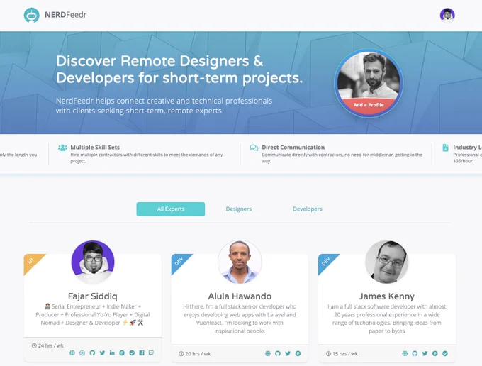 NerdFeedr helps connect creative and technical professionals with clients seeking short-term, remote experts.