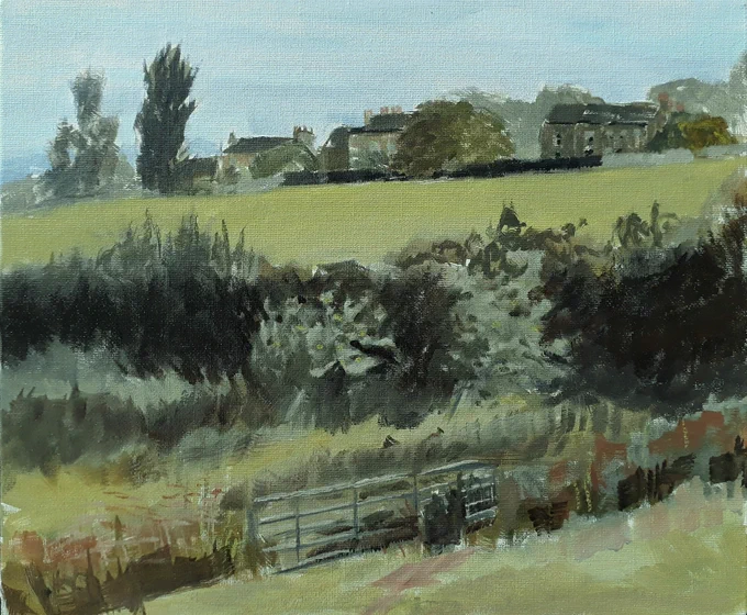Painting of fields, hedges and trees, with distant buildings.