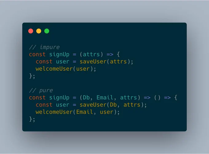 // impure
const signUp = (attrs) => {
  const user = saveUser(attrs);
  welcomeUser(user);
};

// pure
const signUp = (Db, Email, attrs) => () => {
  const user = saveUser(Db, attrs);
  welcomeUser(Email, user);
};