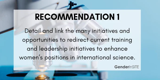 Detail and link the many initiatives and opportunities to redirect current training and leadership initiatives to enhance women’s positions in international
science.