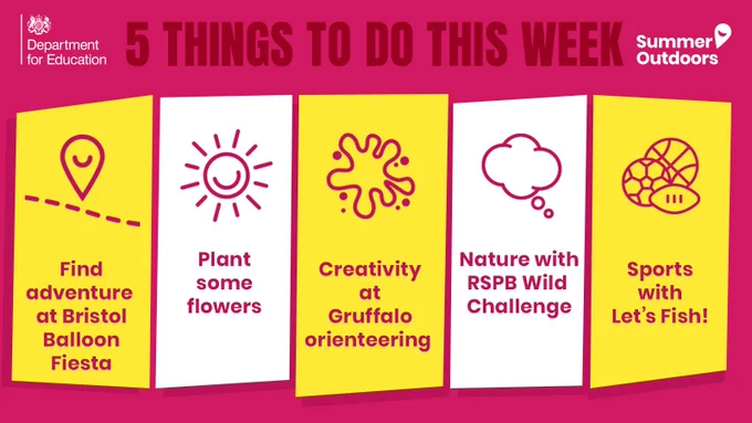 Find adventure at Bristol Balloon Fiesta. Plant Some Flowers. Creativity at Gruffalo orienteering. Nature with RSPB Wild Challenge. Sports with Let's Fish!
