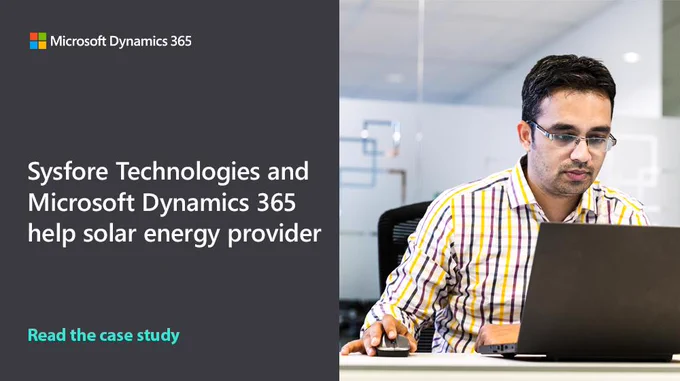 Microsoft logo on the upper left corner. Person using a laptop. Text: "Sysfore Technologies and Microsoft Dynamics 365 help solar energy provider. Read the case study." 