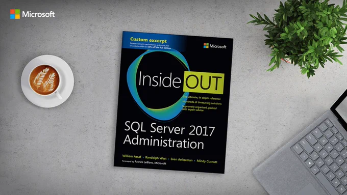 The cover the SQL Server Administration Inside Out book, resting on a table top beside a cup of coffee and a laptop.