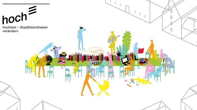 Key Visual des Programms "hochdrei - Stadtbibliotheken verändern". Zu sehen ist ein langer grüner Bibliothekstisch, an dem alle Besucher zusammenkommen. Einige von ihnen lesen, andere hören Musik oder surfen im Internet. Eine der abgebildeten Personen schaut durchs Mikroskop, eine andere betrachtet einen Globus und wieder eine andere schiebt einen Kinderwagen. Am Boden spielt ein Kind mit Bauklötzen. 