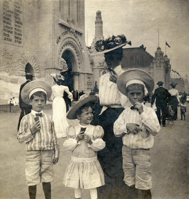 Lyon family eating ice cream at the 1904 World's Fair in Missouri