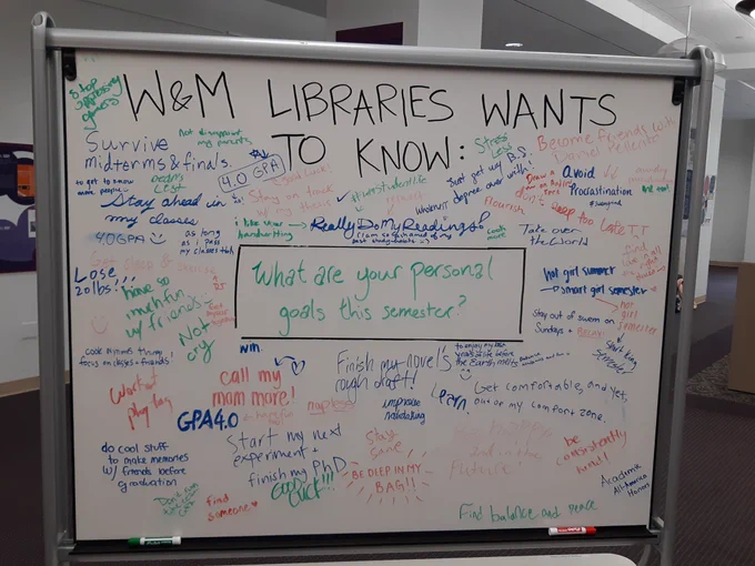 Whiteboard with fall semester goals.
