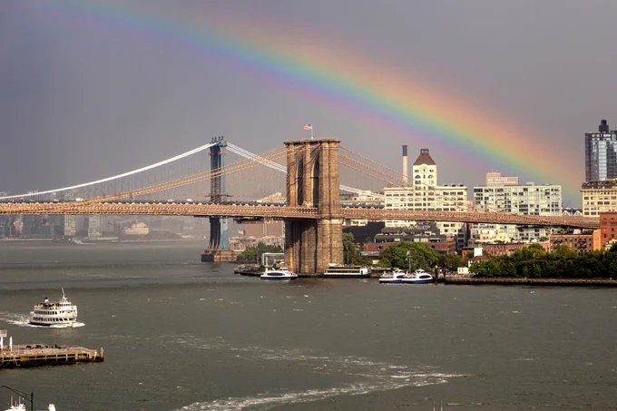 A rainbow over the Brooklyn Bridge