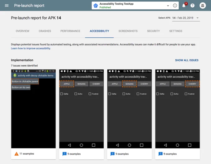 Screenshot of a pre-launch report showing suggestions for improving accessibility in an app
