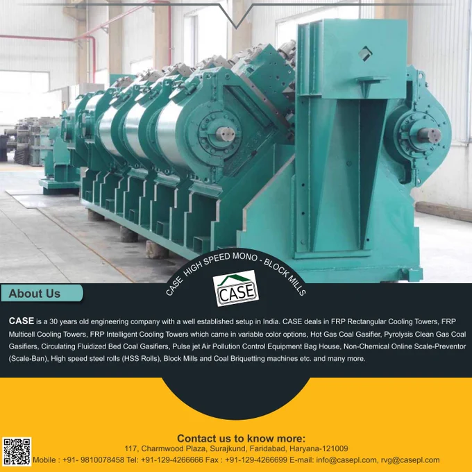 The objective of a CASE Block Mills is to roll the reheated steel billet into wire rods or TMT bars at speeds which are not possible with conventional finishing stands. A complete revamping of the finishing mill section including block mill, high-speed shear, brake pinch rolls, rotary drum cooling bed design ensures higher productivity up to 40m/s speeds for 8mm bars, keeping in view the highest levels of safety.