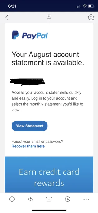 PayPal email suggesting to click a link to view an account. 