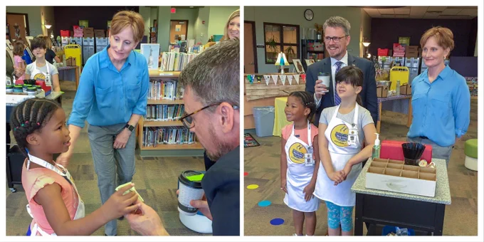 Left Pic – A young girl hands Johnny Collett coffee in exchange for his payment. Ms. Hart oversees the transaction. Right Pic – Johnny Collett and Ms. Hart stand in front of a coffee cart with two of Ms. Hart’s students.