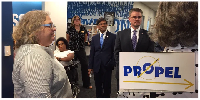 Johnny Collett meets with faculty and staff of UMKC.