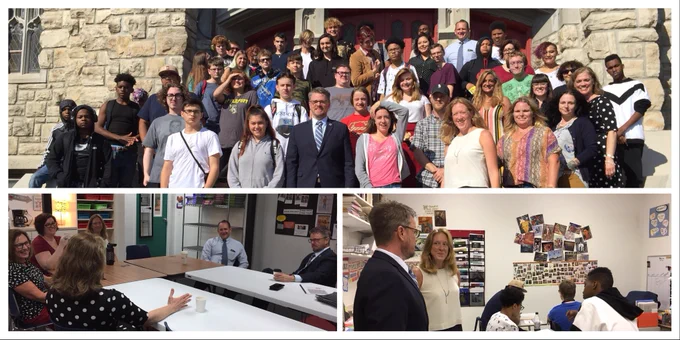 Top image Johnny Collett gathers with a large group of students for a photo outside on the steps of the Plaza School. Bottom left image: Johnny has a round table discussion with five Plaza faculty/staff. Bottom right image: Johnny speaks with a Plaza teacher while four students work in pairs at their desks.