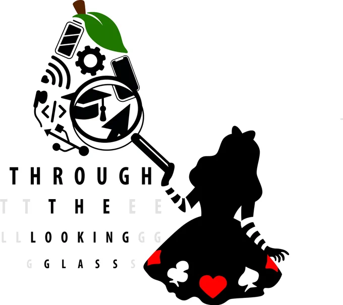 Through the looking glass PD flyer for Pearland ISD, featuring a silhouette of Alice, and a magnified technology-filled pear.
