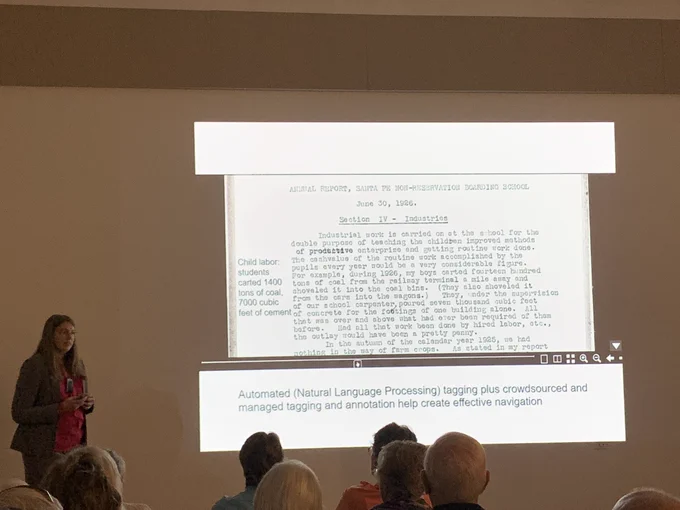A slide showing a federal document revealing child labor in the Indian boarding schools.