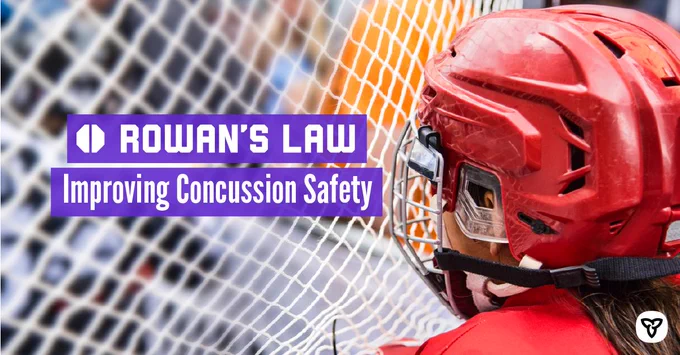Child is seen wearing a red hockey helmet. Image Text: "Improving concussion safety." 