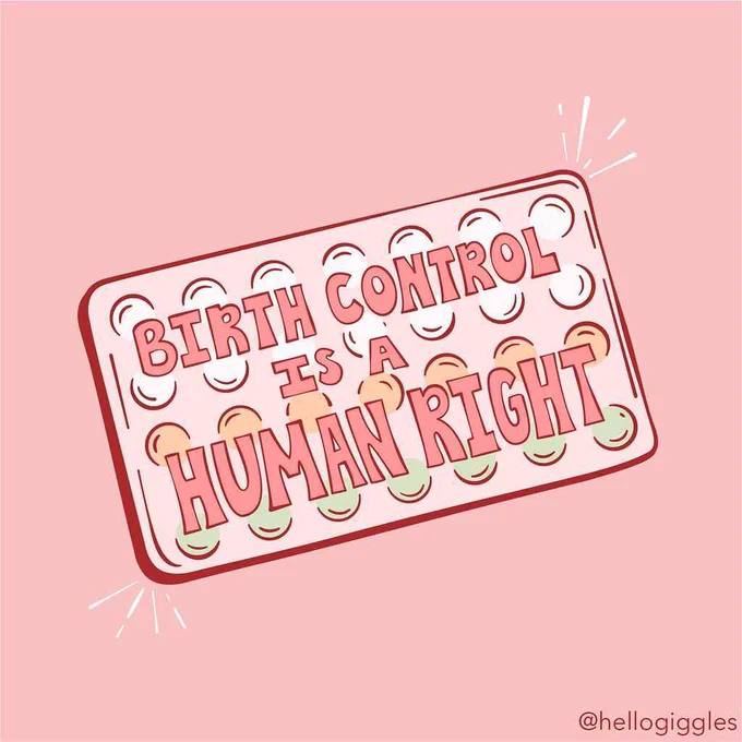 Pink background. Pink text in white text box reads: Birth control is a human right.
