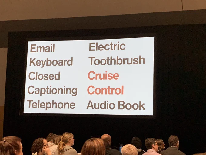Picture of a slide that lists 7 technologies that we all benefit from but were designed for people with disabilities
