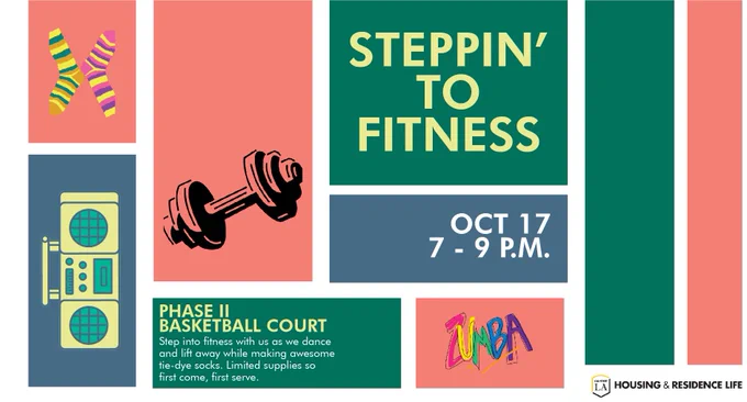 Image of socks, a dumbbell, stereo, and a colorful zumba logo in from of blue, pink , and green block as the background.