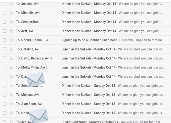 Outbox of 20 or so emails with subject lines all related to Sukkot meals