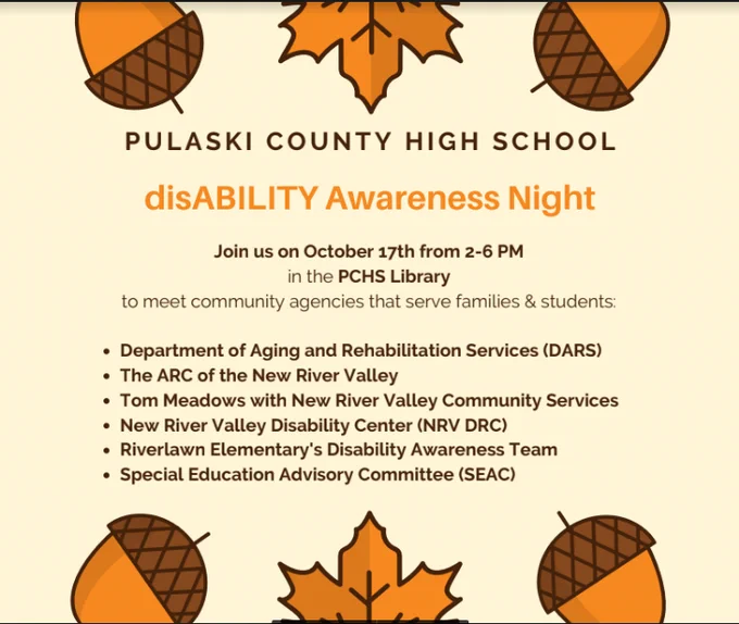 disABILITY Awareness Night!  Join us in Pulaski County High School's Library from 2-6PM on October 17