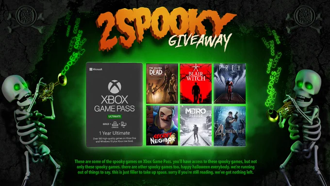 Dancing skeletons playing the trumpet and 6 box arts from The Walking Dead, Blair Witch, Prey, Secret Neighbor, Metro Exodus, and Resident Evil are on a green background. Image reads: 2Spooky Giveaway Xbox Game Pass Ultimate codes.
