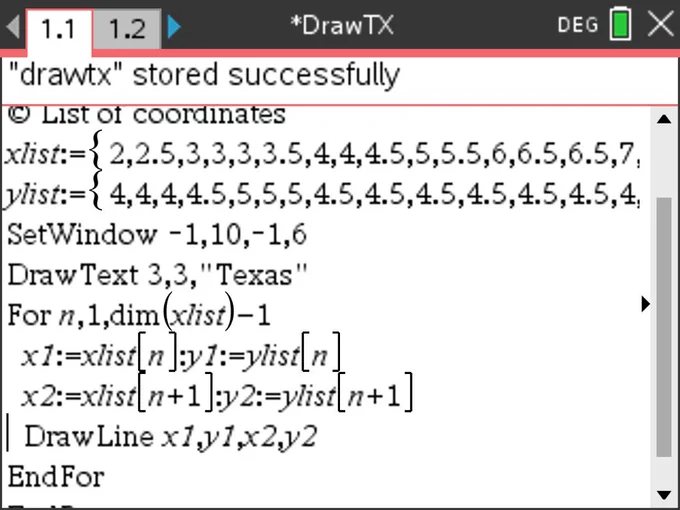 TI-Basic code running on a TI-Nspire CX II calculator that uses a list of coordinates to draw a shape