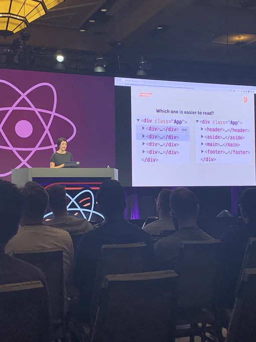 A slide with a side by side comparison between 4 divs vs 4 semantic HTML elements (header, aside, main & footer)