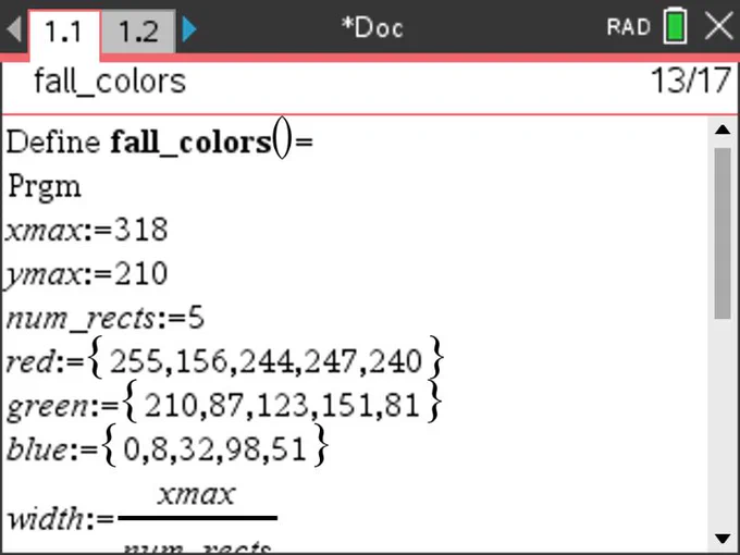 Code showing how to draw 5 rectangles on screen, each with a different fall-specific fill color