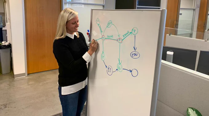 A woman drawing out graph database connection relationships on a whiteboard.