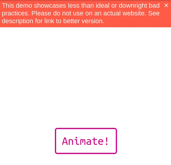 Screenshot of div emulating button demo, with a warning about how this is not the idea way of doing things.