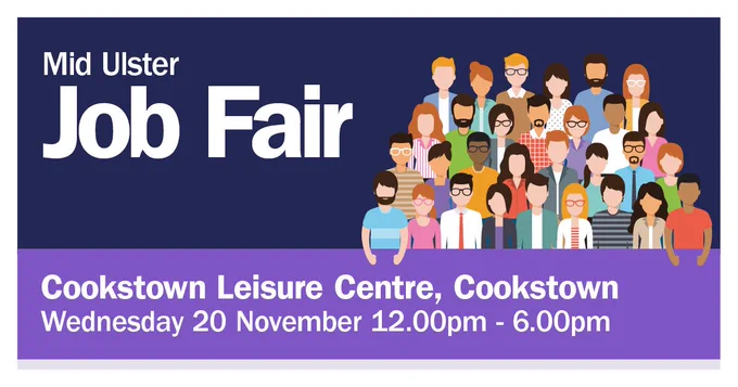 Illustration of a group of people: Mid Ulster Job fair - Wednesday 20 November, Cookstown Leisure Centre, 12pm to 6pm 