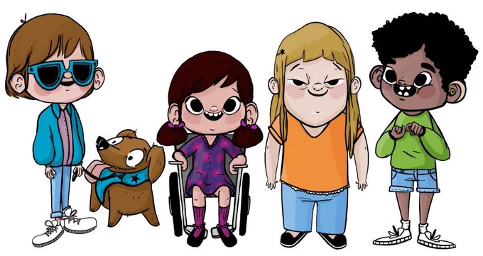 Los 4 personajes animados de Mi Mundo A Mi Manera: niño con discapacidad visual, niña con discapacidad motriz, niña con Síndrome de Down y niño con discapacidad auditiva, jugando juntos con el globo terráqueo como un balón.