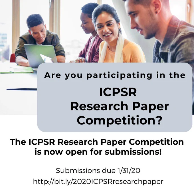 Promotional image for ICPSR research paper competition showing students working on laptops
