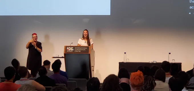 Angel Dixon delivering keynote at A11y Camp